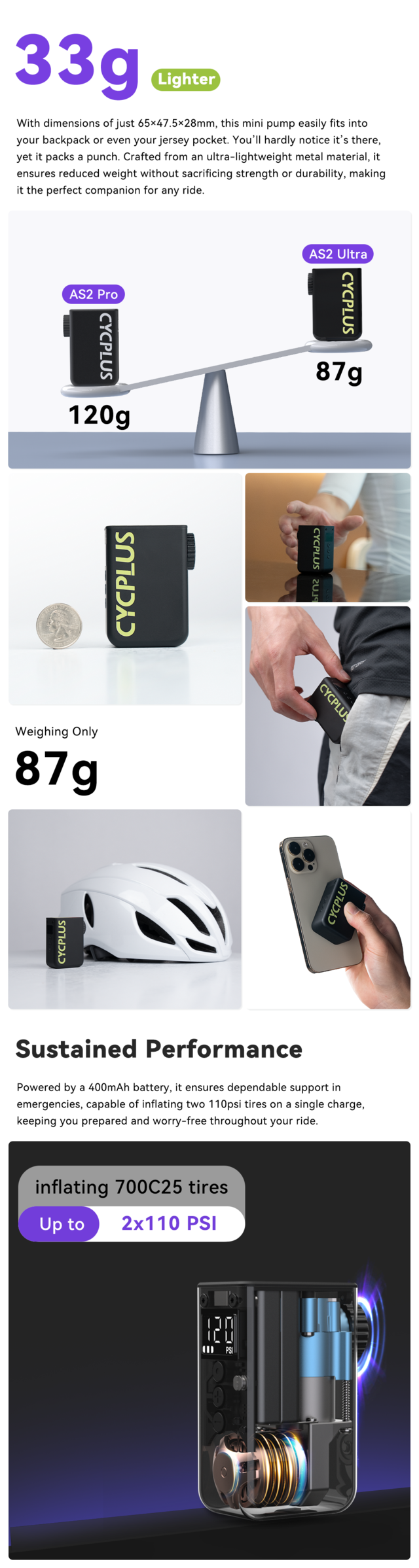 Cycplus AS2 Ultra Elektrisk pumpe Oppladbar pumpe 